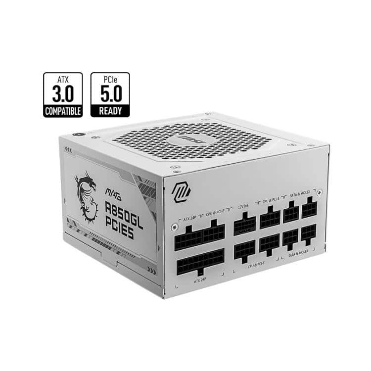 MSI A850GL 850W (16-pin native) 80Plus Gold Rated Power Supply, Fully Modular (White)